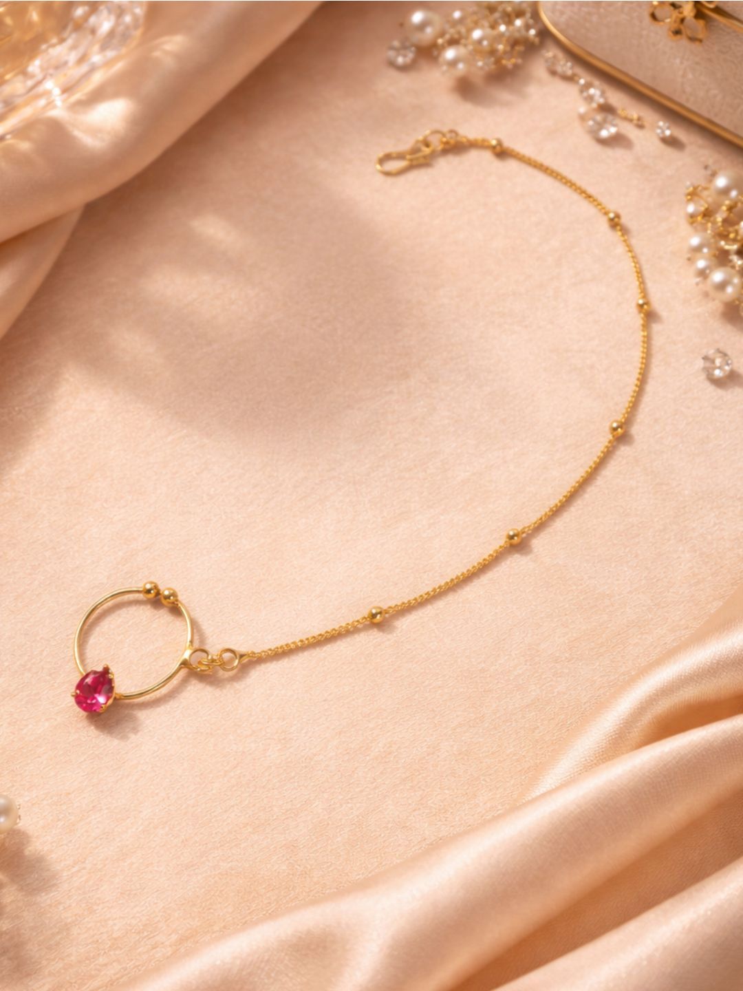 I Jewels Pink Gold-Plated Chained Nose Ring
