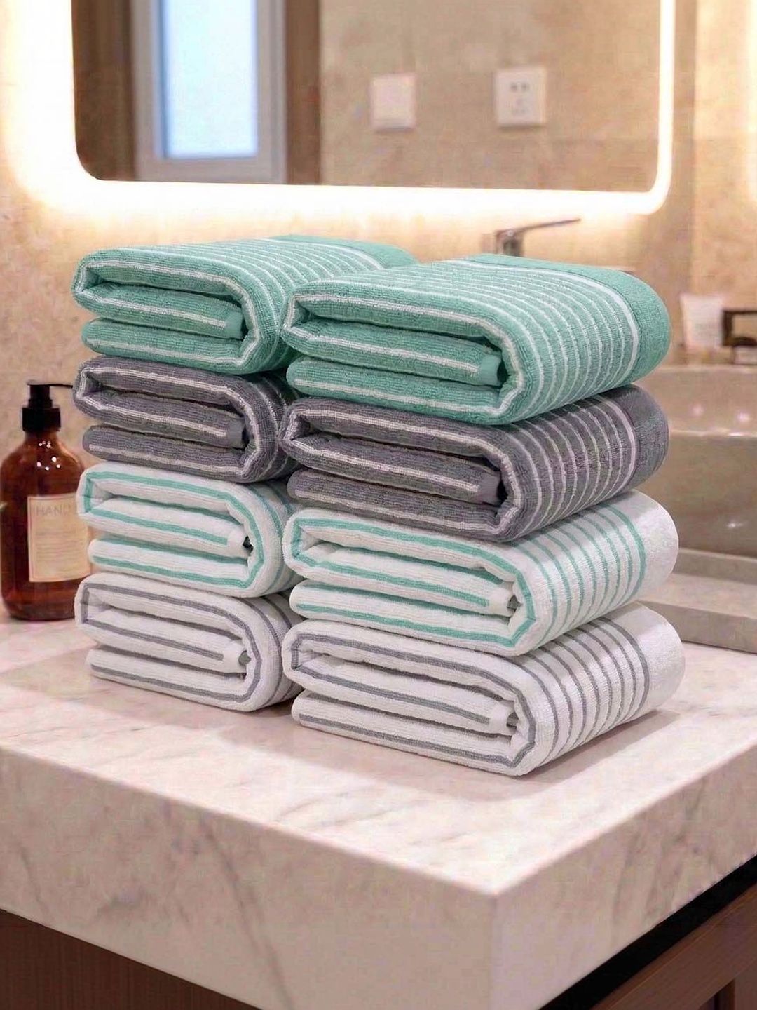 Athom Living Athom Living 8Pc Sea-Green & White Striped Cotton 400-GSM Eco-Friendly Premium Hand Towels