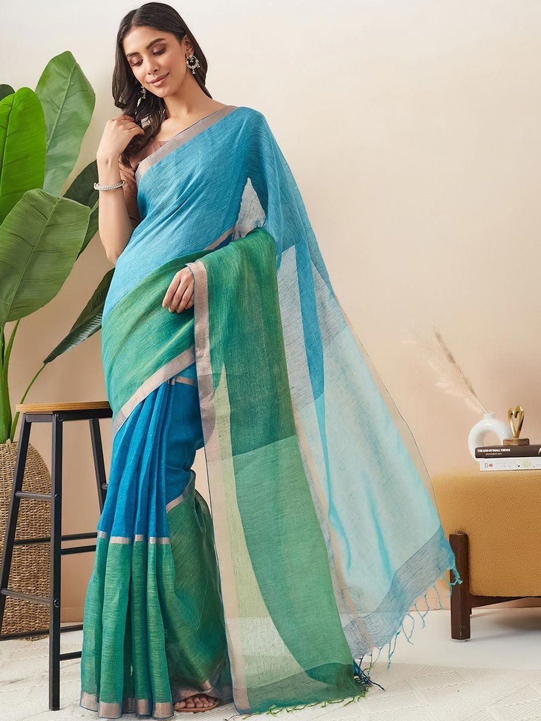 Fabindia Fabindia Colourblocked Linen Blend Saree