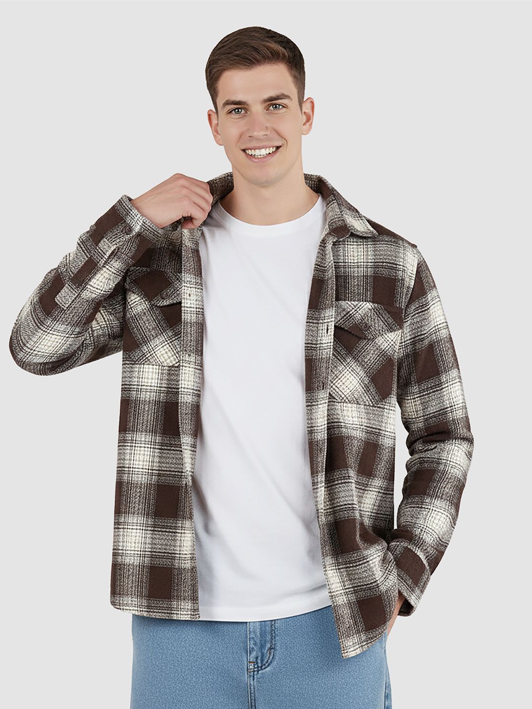 Beyoung Beyoung Men Checked Spread Collar Flannel Shackets