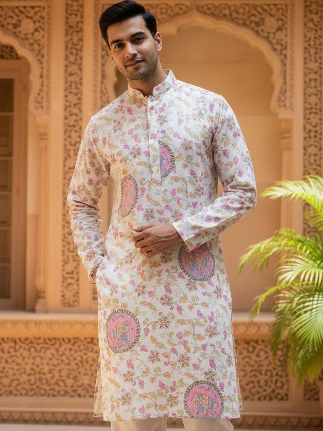 House of Pataudi Printed Linen Mandarin Collar Knee Length Straight Kurtas
