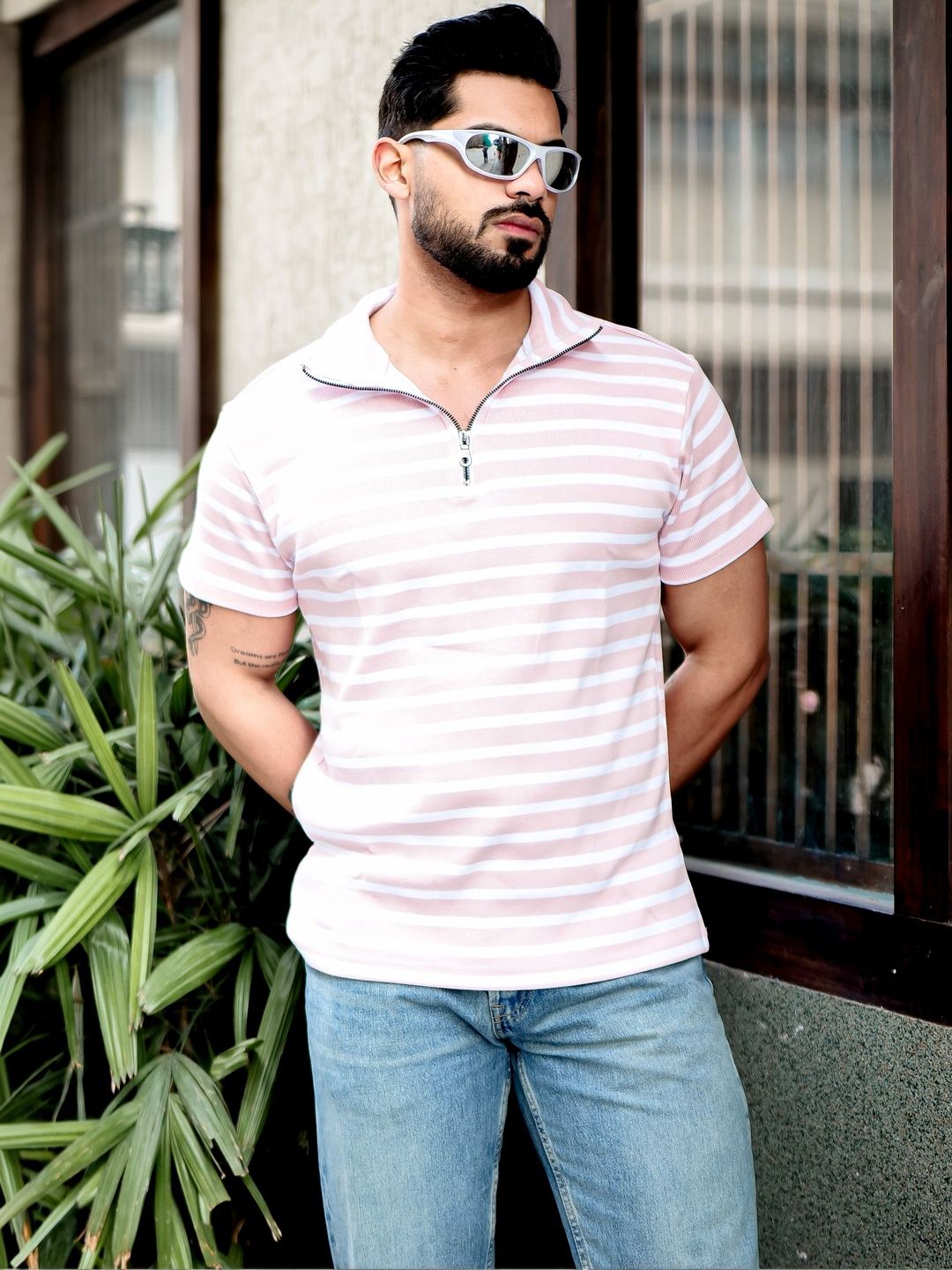 GRITSTONES Striped V-Neck Pure Cotton Pockets T-shirt