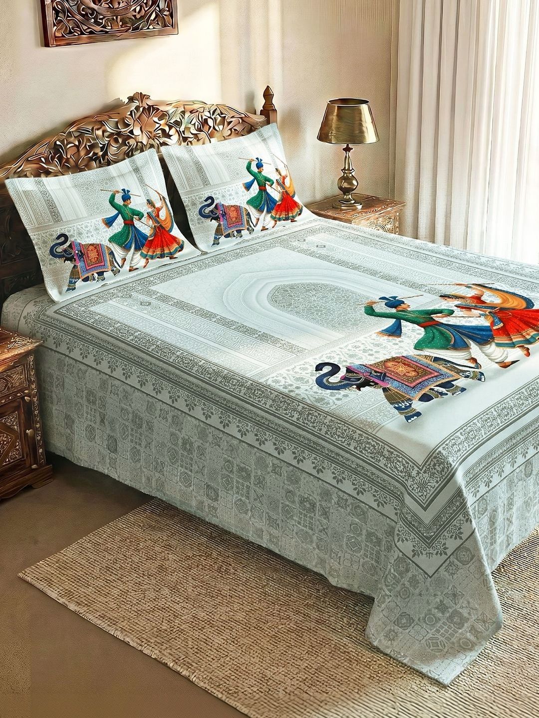 TC 2 Pillow Covers Story@home Grey & Red Ethnic Motifs Bedsheet with 2 Pillow Covers