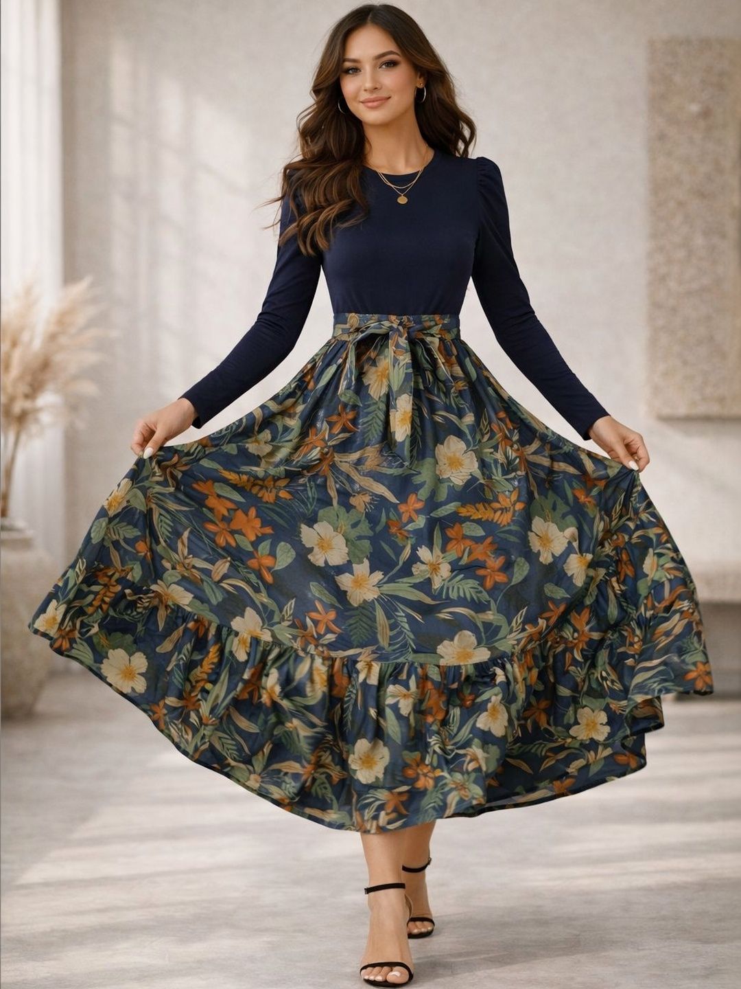 AmorLuxe Floral Solid Top with Skirt & Suspenders