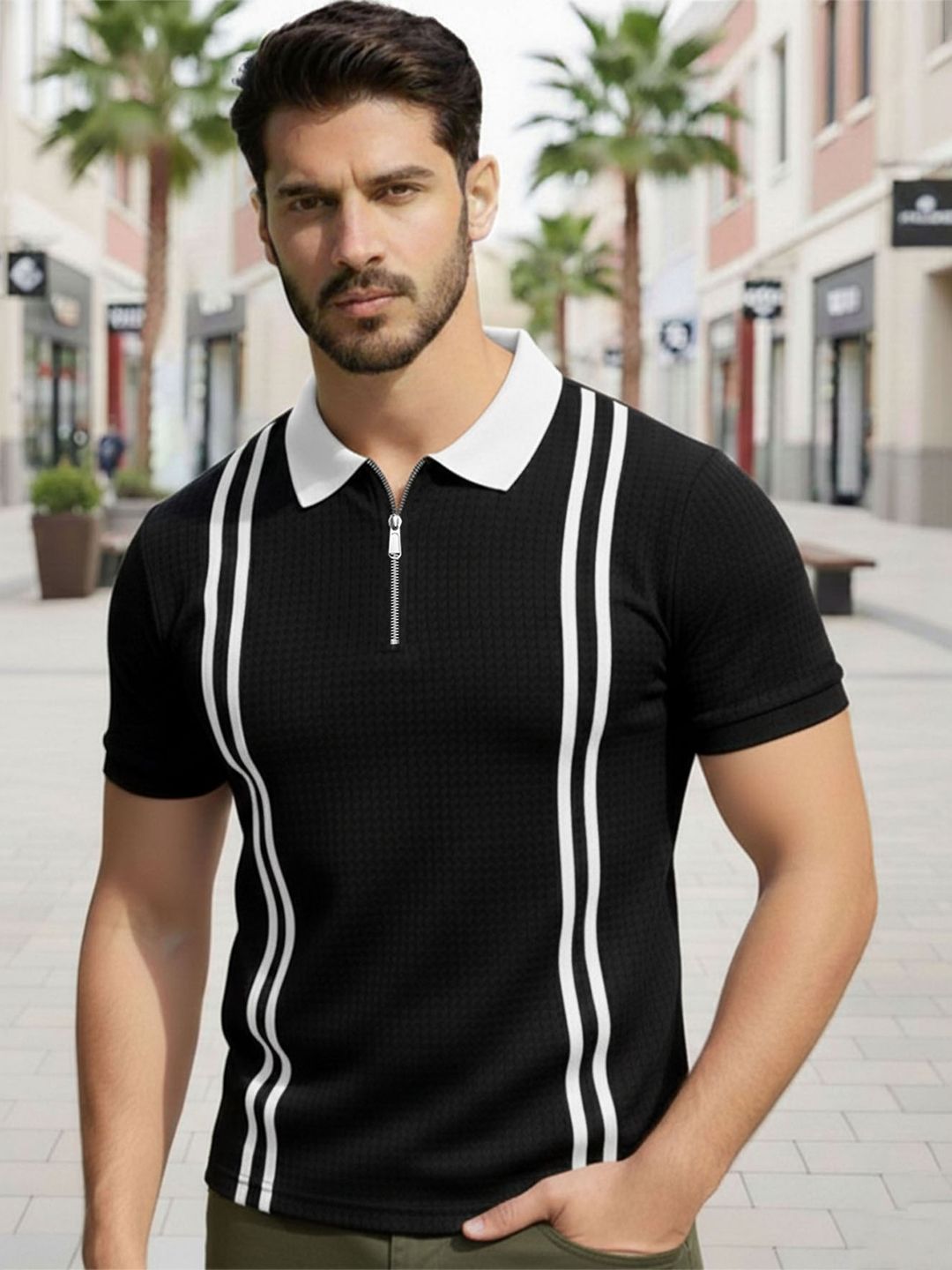 THE BEETEL HOUSE Men Striped Polo Collar T-shirt