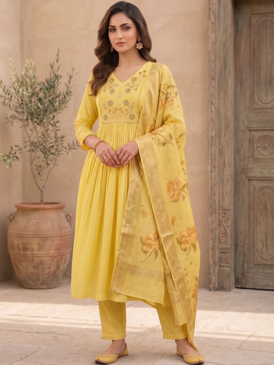 Women Yoke Design Kurta with Trousers With Dupatta Inddus Women Floral Embroidered Regular Thread Work Chanderi Cotton Kurta with Trousers & With Dupatta