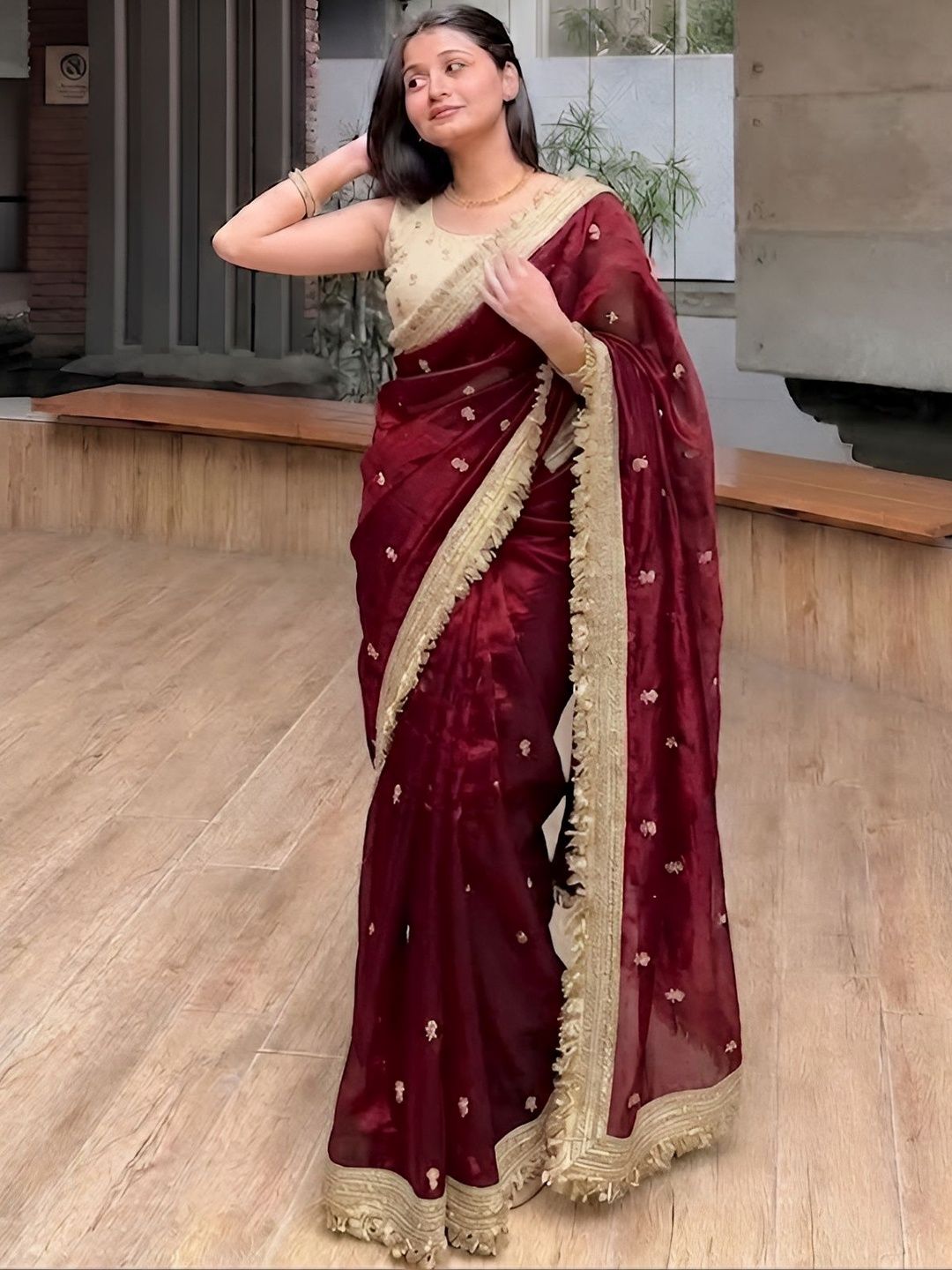 VRAGI Embellished Embroidered Satin Heavy Work Saree