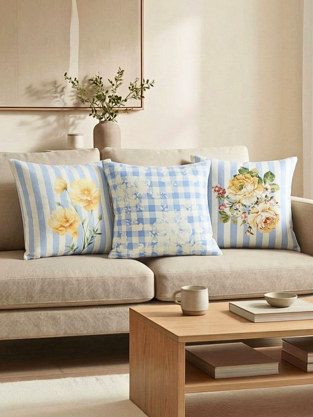 haus & kinder haus & kinder White & Blue Set of 3 Floral Square Cushion Covers