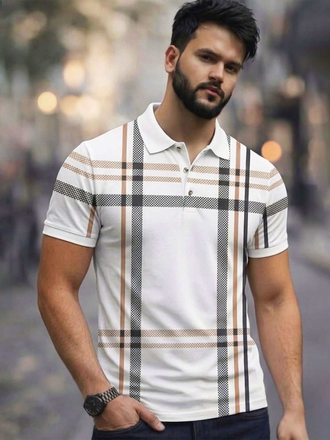 THE BEETEL HOUSE Men Checked Polo Collar T-shirt