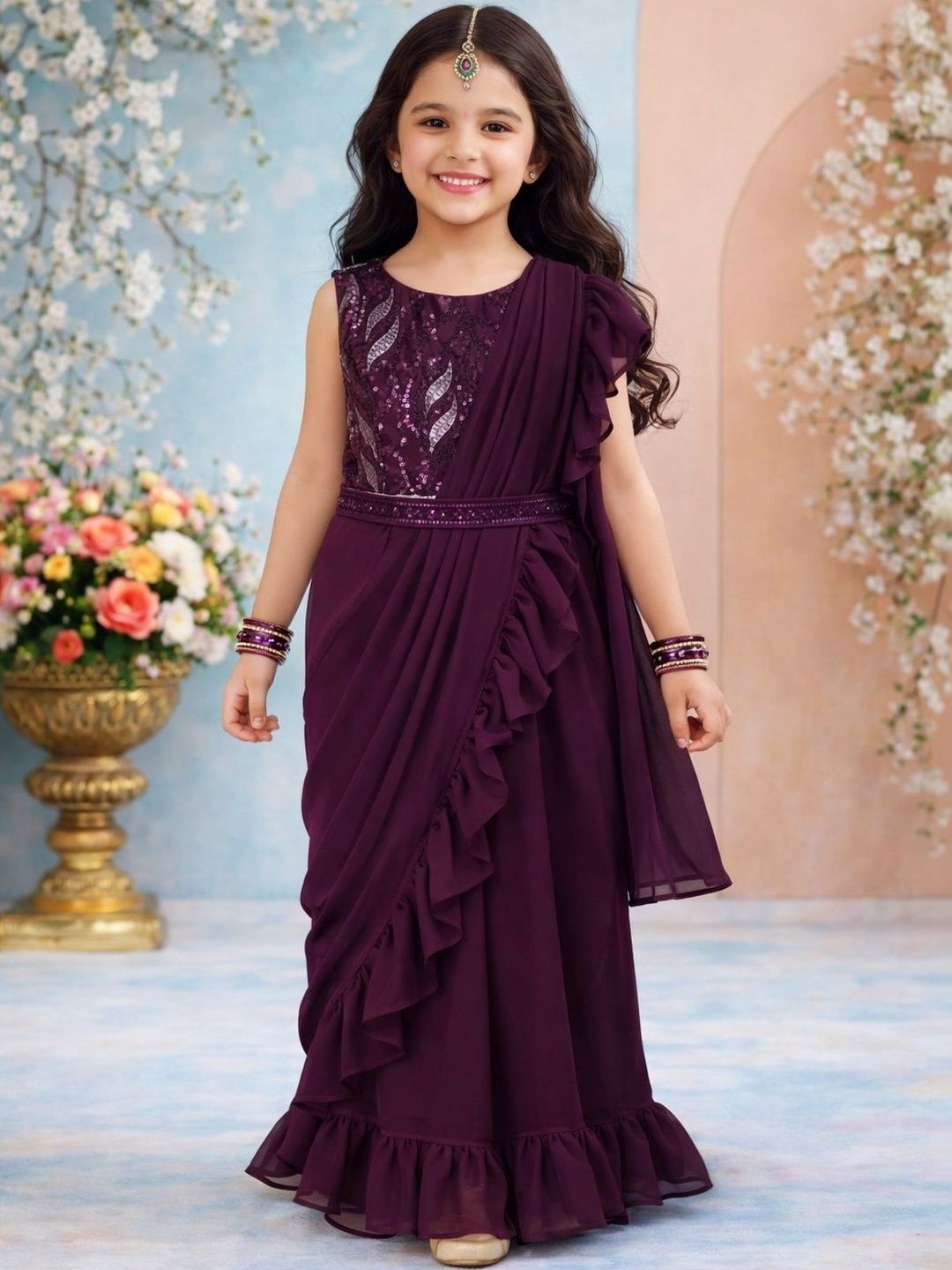 KALINI Girls Embellished Sequinned Ready to Wear Lehenga & Blouse With Dupatta