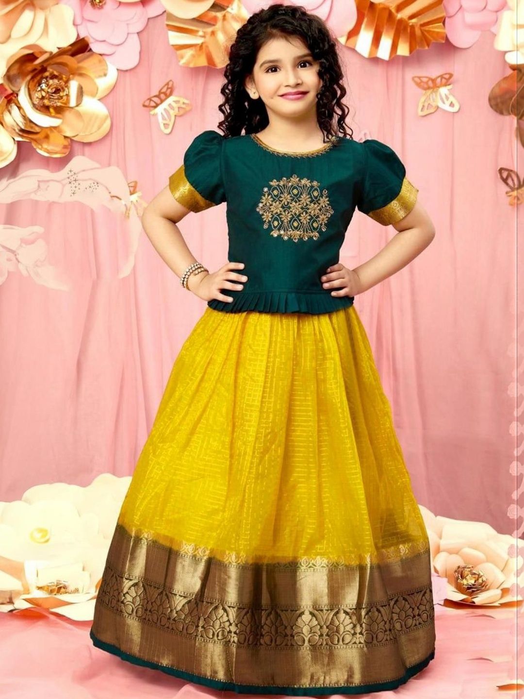 White Button Girls Embroidered Ready to Wear Lehenga &