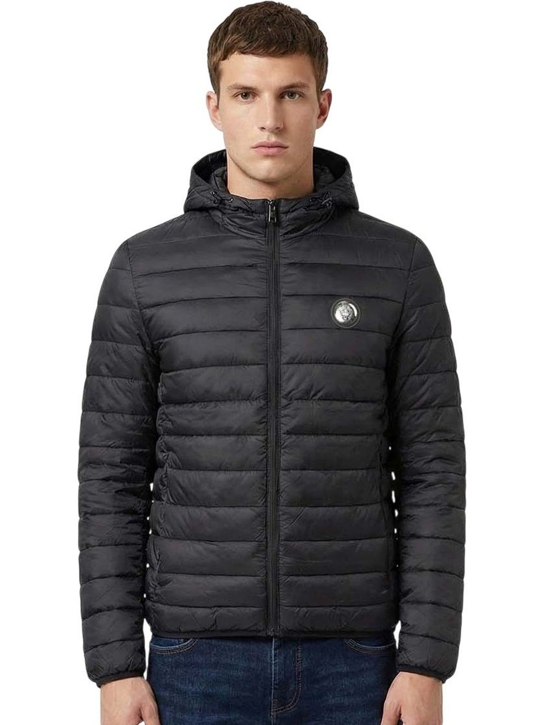 Cavalli Class Black Hooded Logo Puffer Jacket
