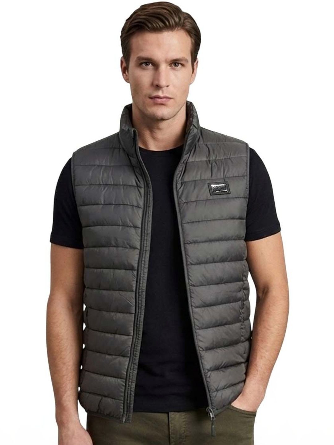 Cavalli Class Black Logo Patch Puffer Vest