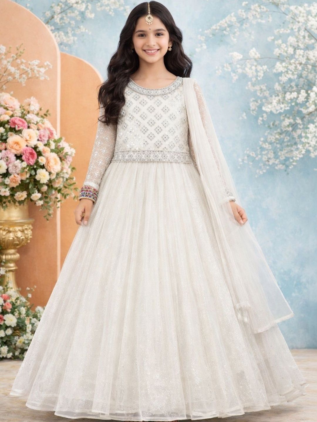 KALINI Girls Embellished Sequinned Semi-Stitched Lehenga & Blouse With Dupatta