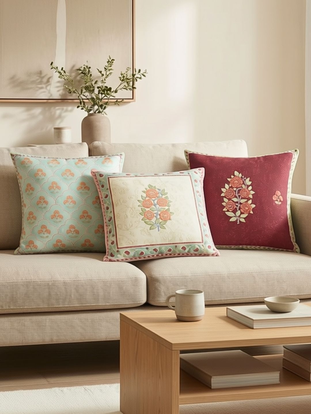 haus & kinder haus & kinder White & Turquoise Blue Set of 3 Floral Square Cushion Covers