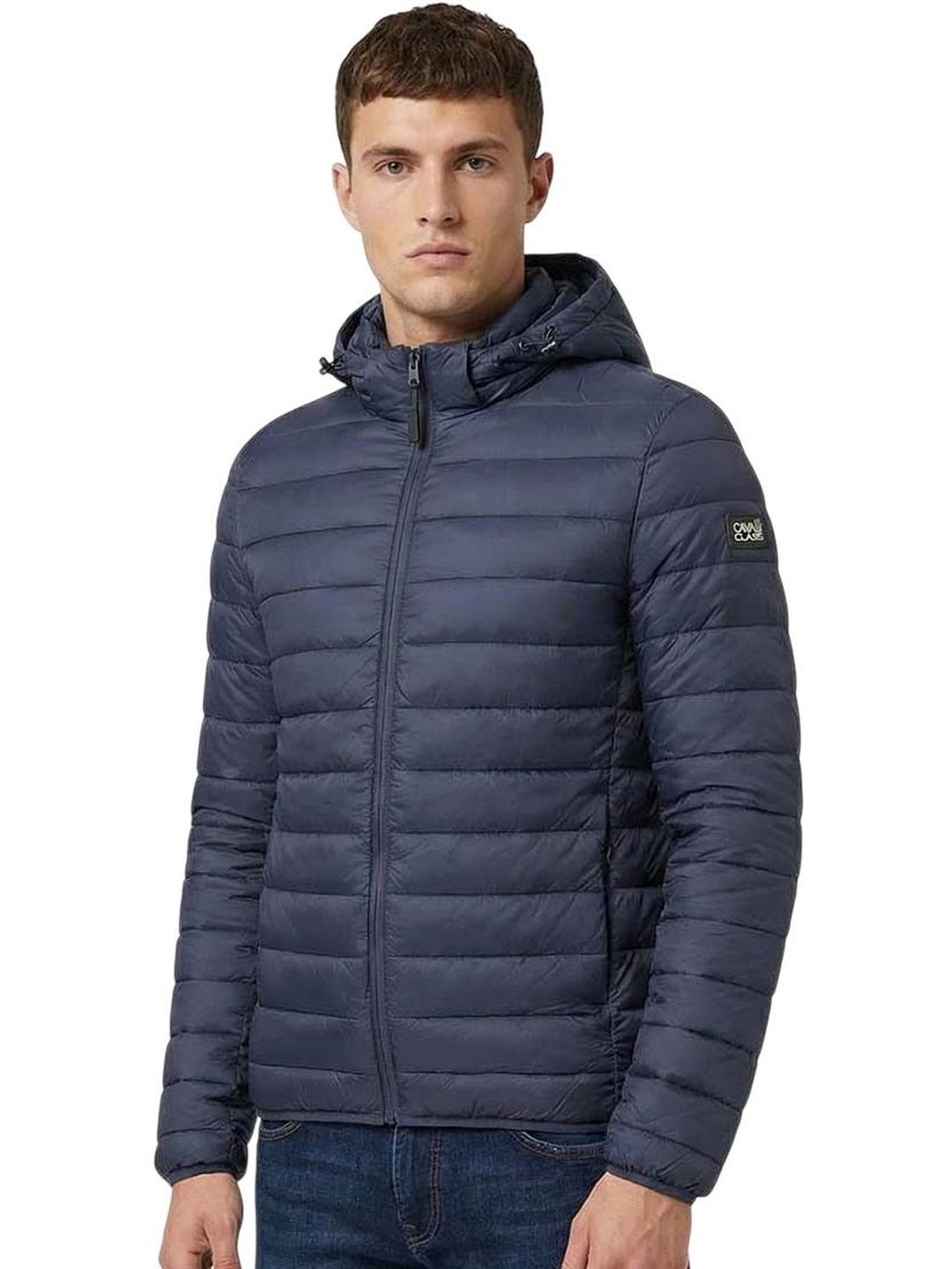 Cavalli Class Navy Blue Logo Hooded Puffer Jacket