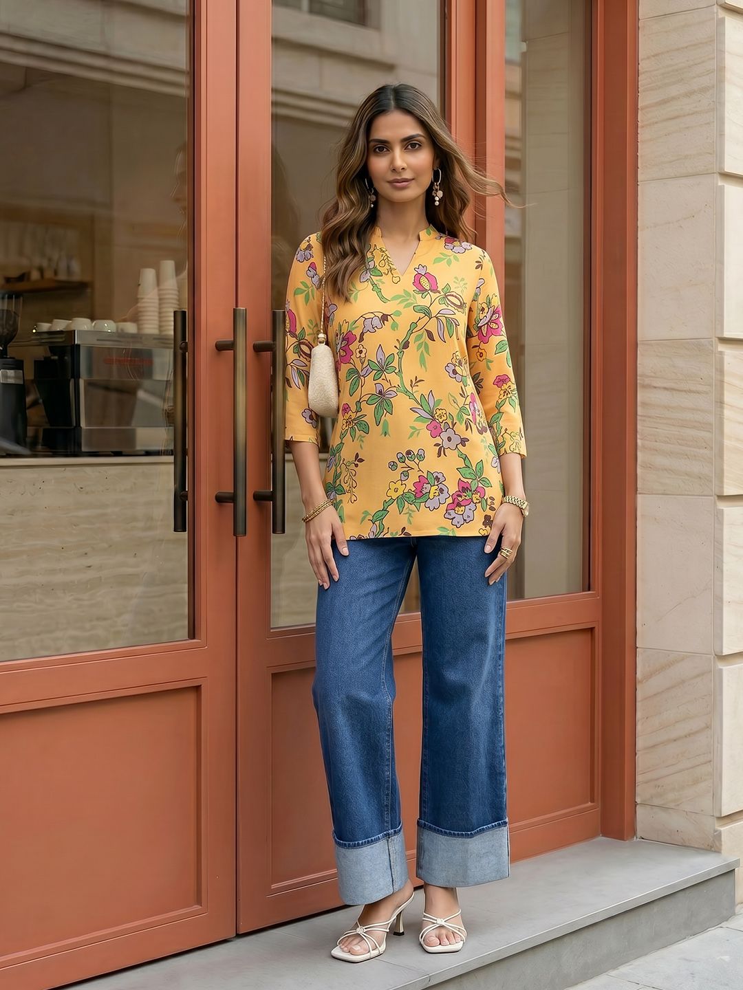 Anouk Rustic Floral Printed Mandarin Collar Straight Kurti