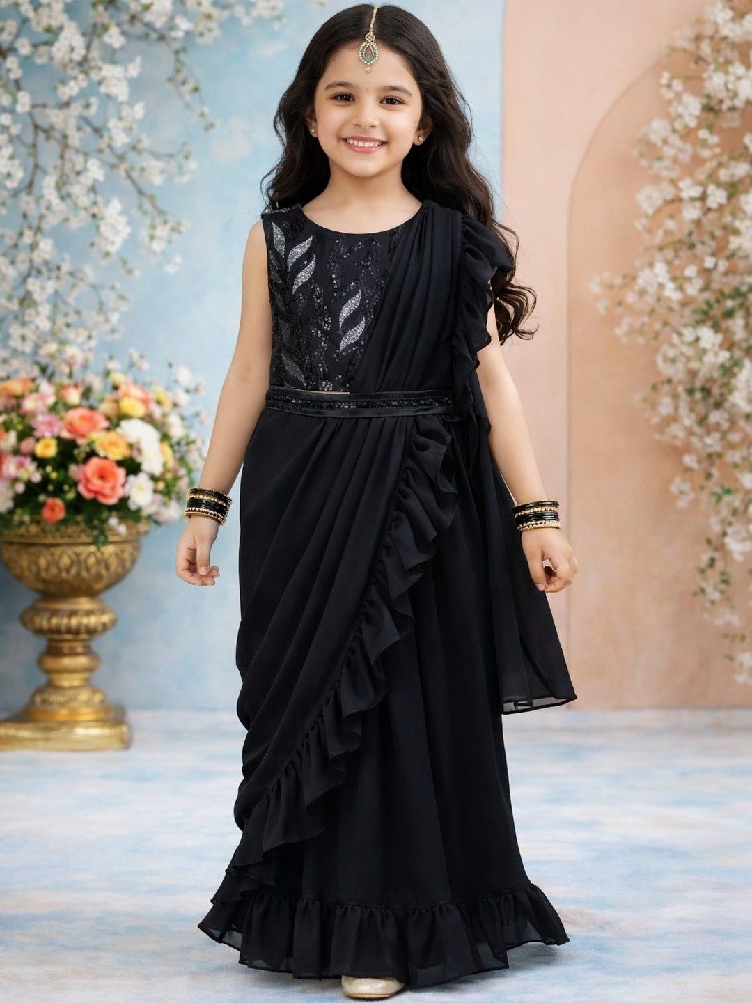 KALINI Girls Embellished Sequinned Ready to Wear Lehenga & Blouse With Dupatta