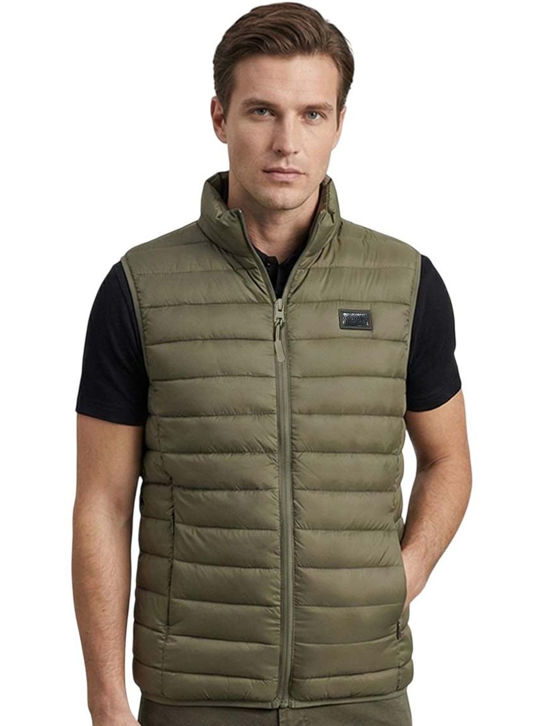 Cavalli Class Olive Logo Patch Puffer Vest