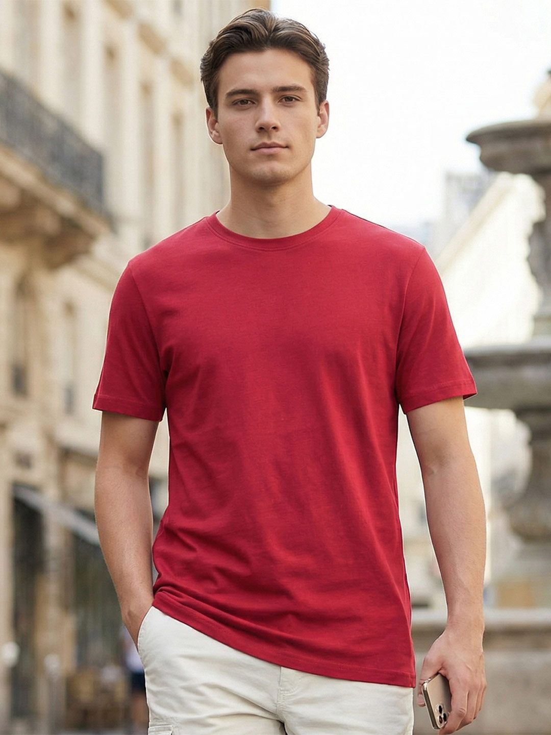 Bewakoof Men Red Solid Round Neck T-shirt