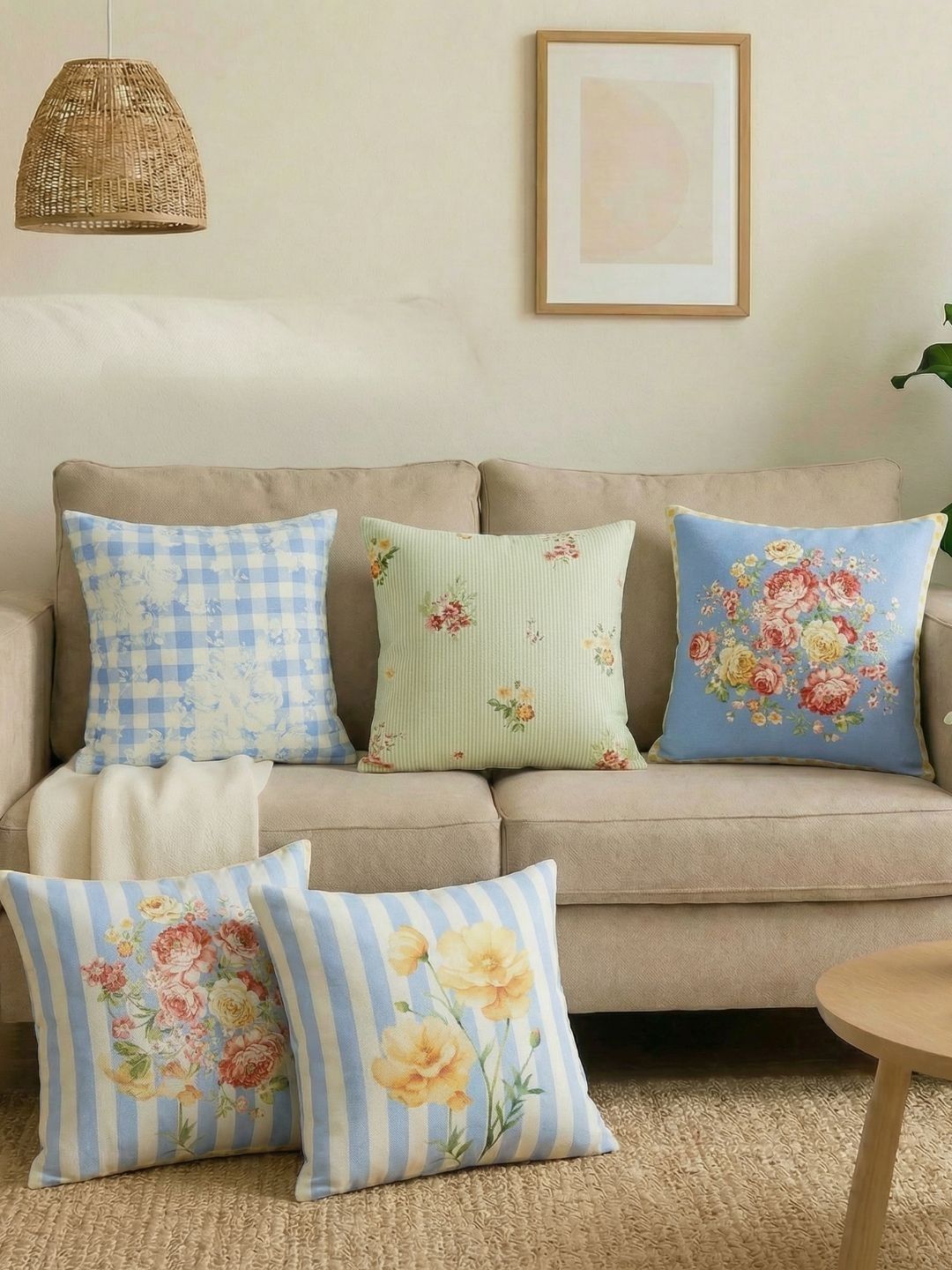 haus & kinder White & Blue Set of 5 Floral Square Cushion Covers