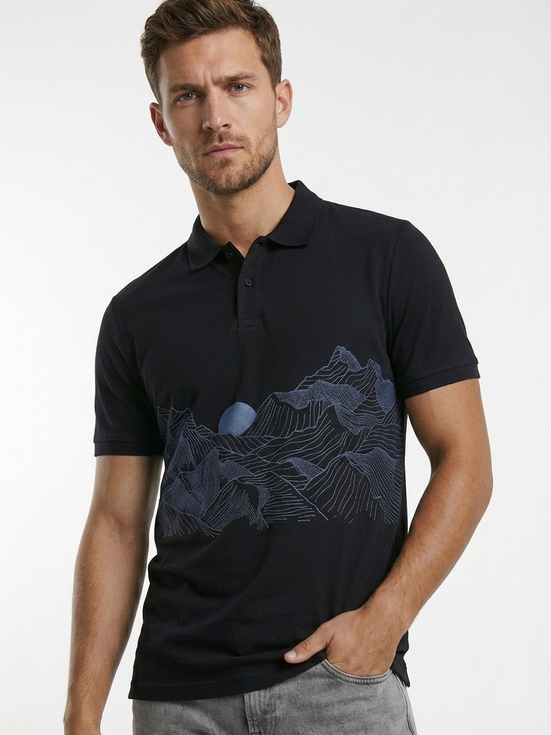 HERE&NOW Men Printed Polo Collar T-shirt