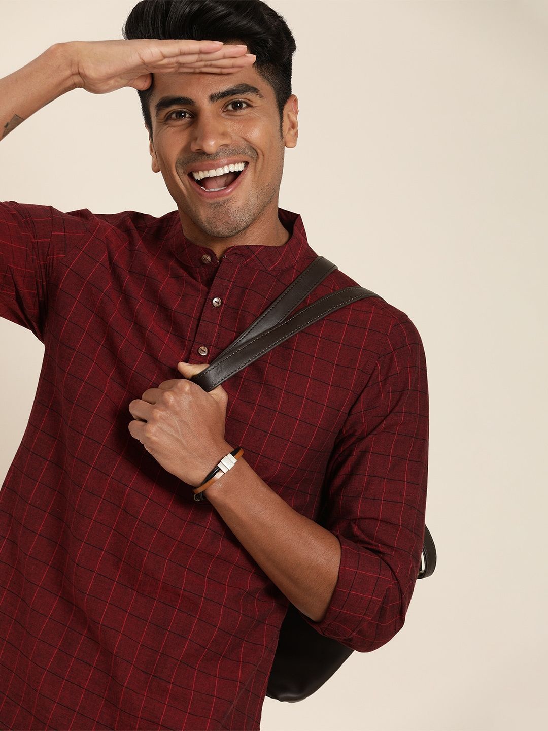 Taavi Men Maroon & Black Checked Handloom Woven Legacy Kurta with Mandarin Collar