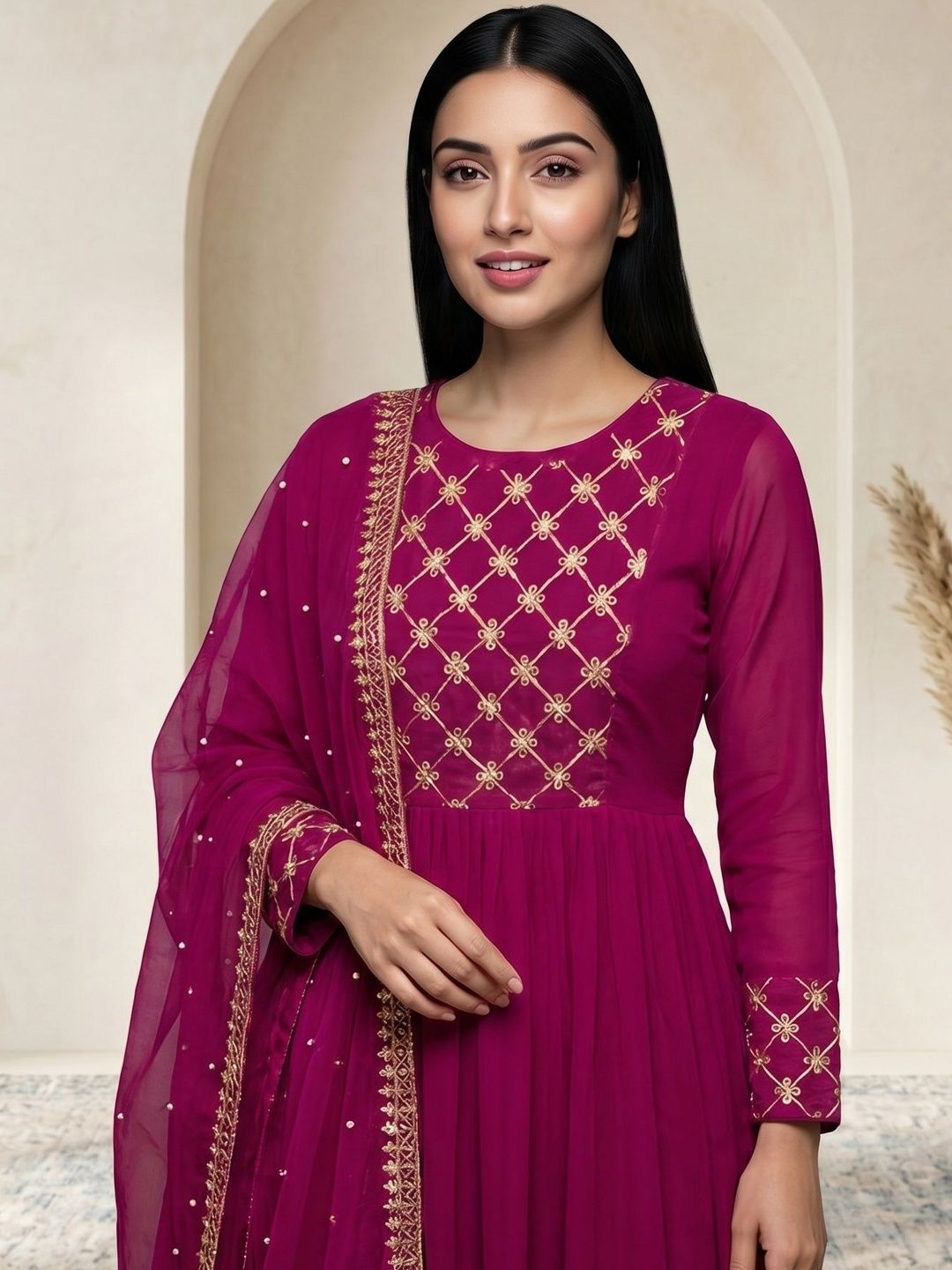 BAMSOM WEAR BAMSOM WEAR Embroidered Round Neck Fit & Flare Ethnic Dresses