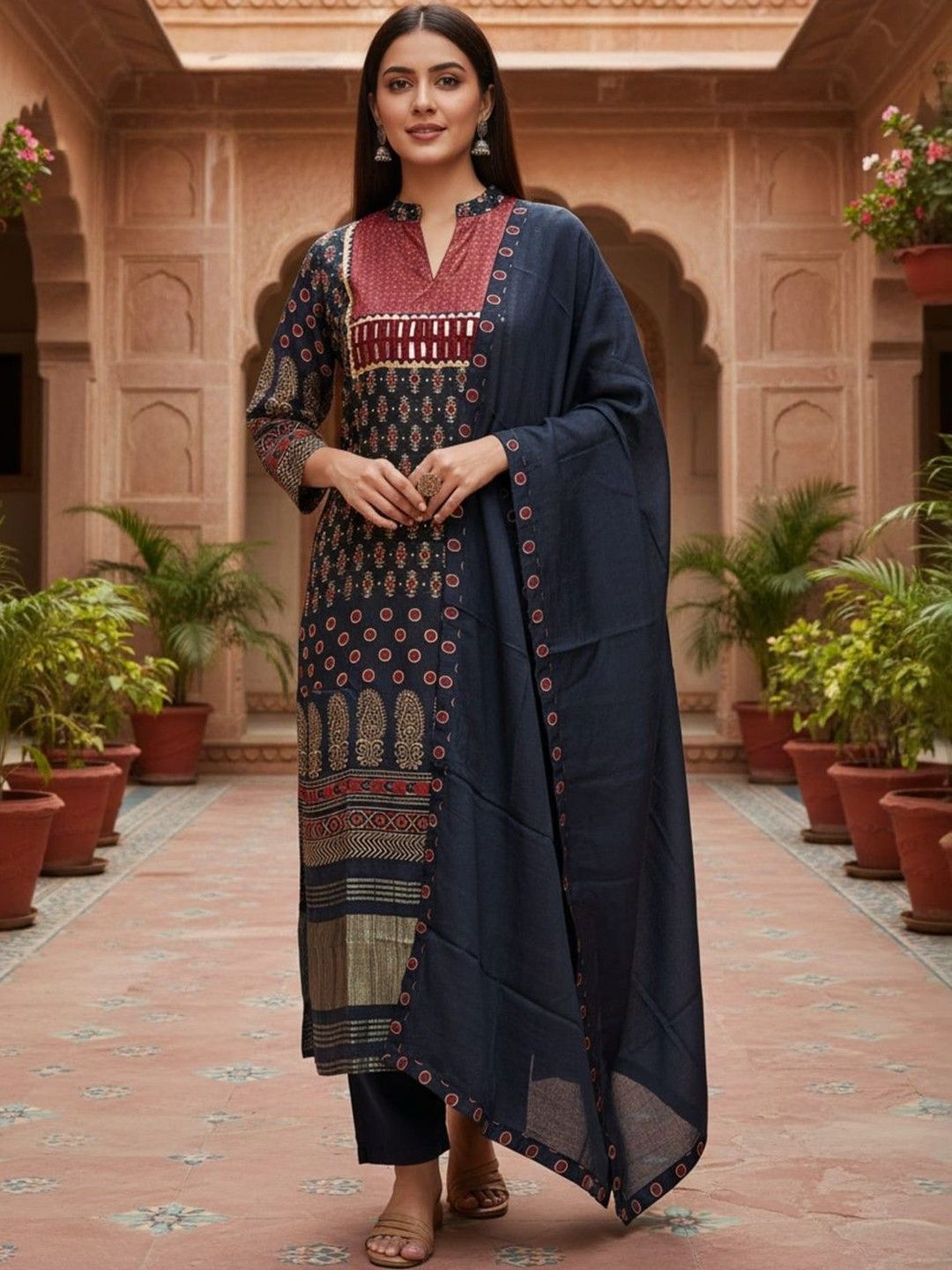 Women Printed Kurta with Trousers With Dupatta Inddus Women Ethnic Motifs Printed Regular Mirror Work Pure Silk Kurta with Trousers & With Dupatta
