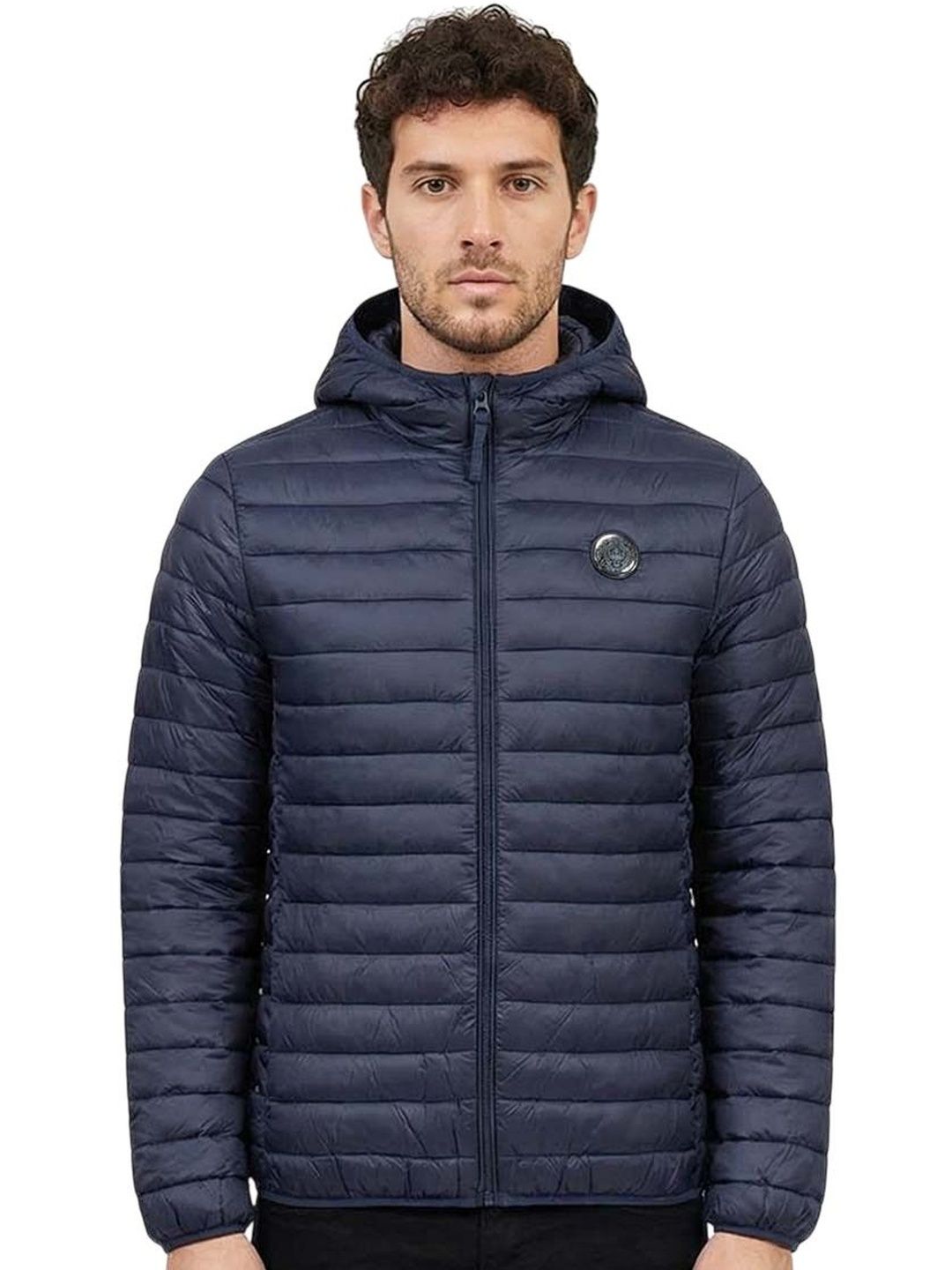 Cavalli Class Navy Blue Logo Patch Puffer Jacket