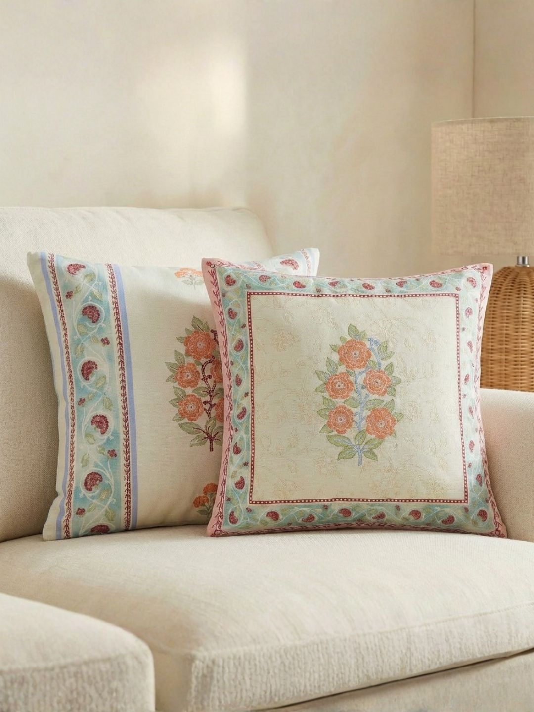 haus & kinder White & Rose Set of 2 Floral Square Cushion Covers