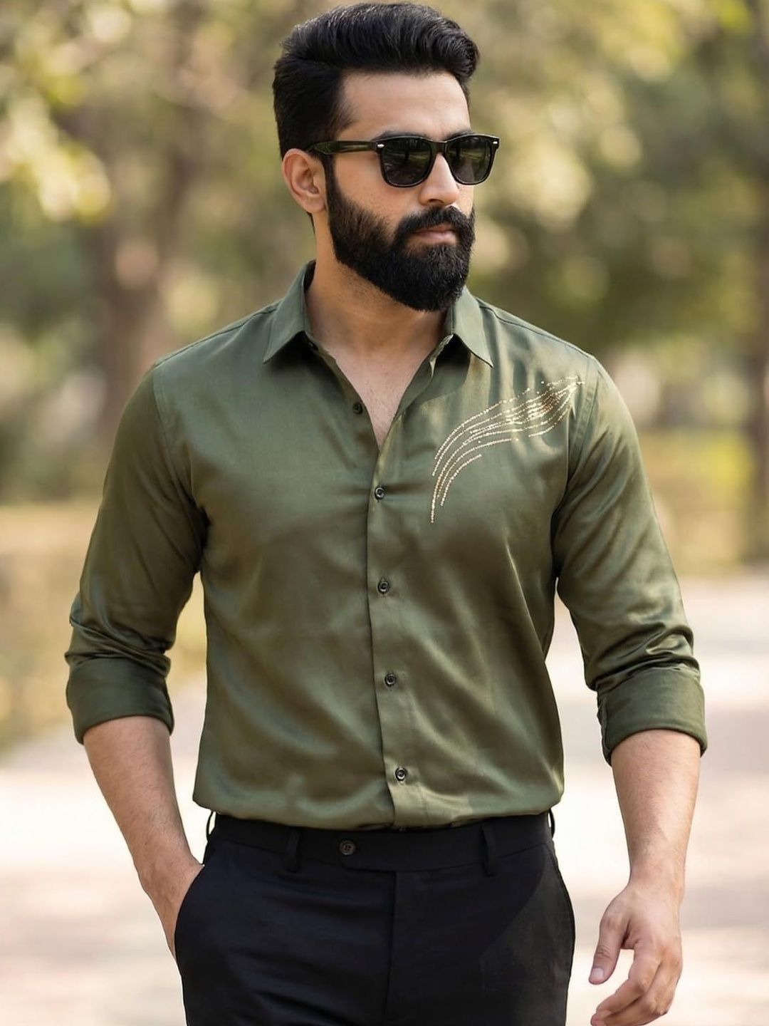 INDOPRIMO Men Olive Satin Casual Shirt