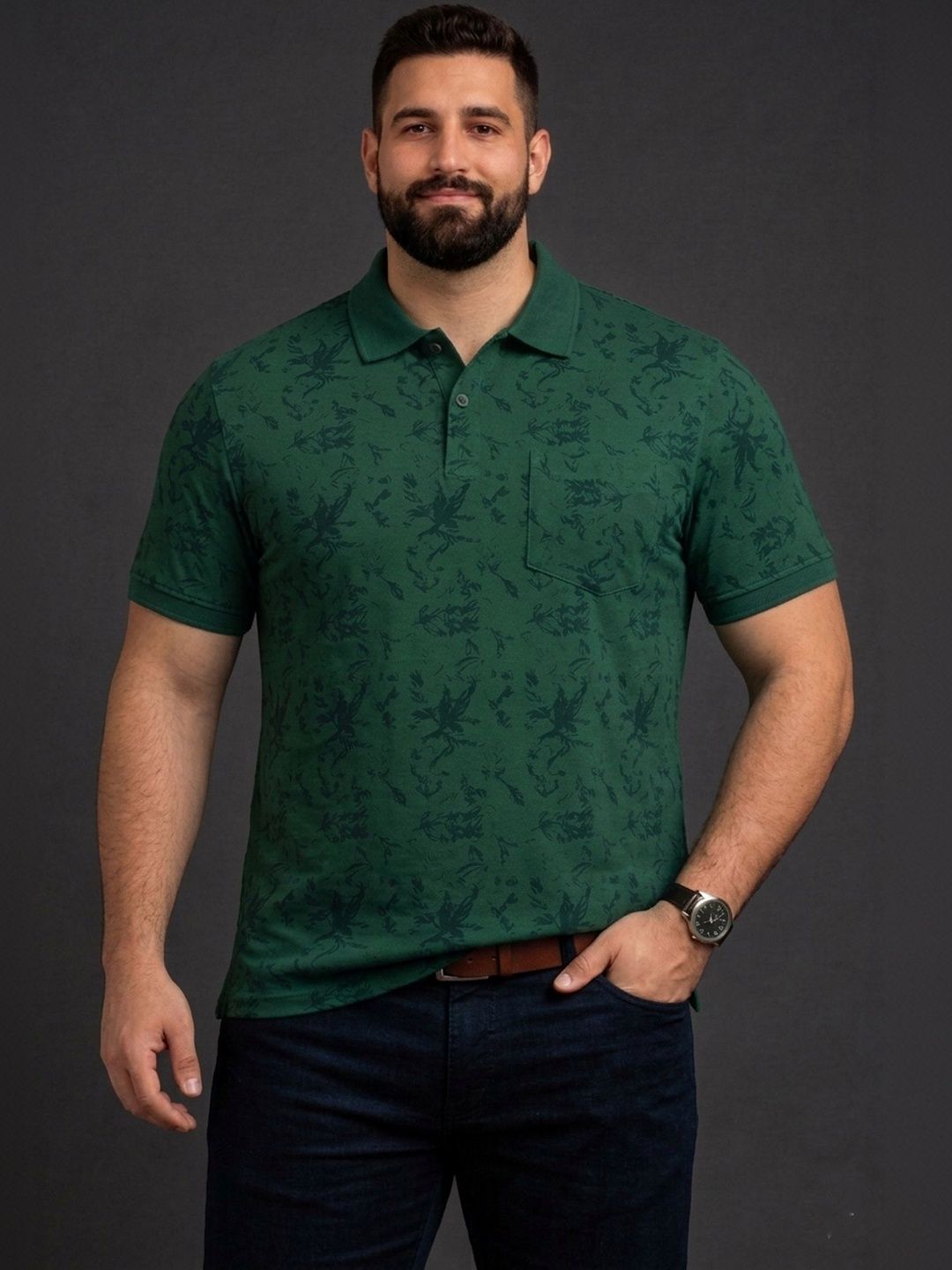 Davno Men Floral Printed Polo Collar Pockets T-shirt