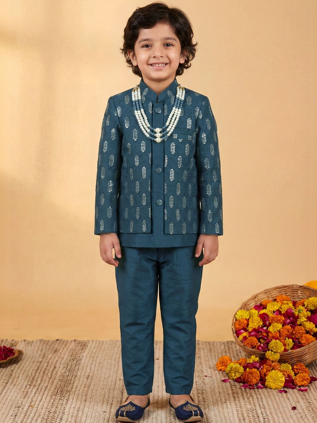 KALINI Boys Embroidered Mandarin Collar Sherwani