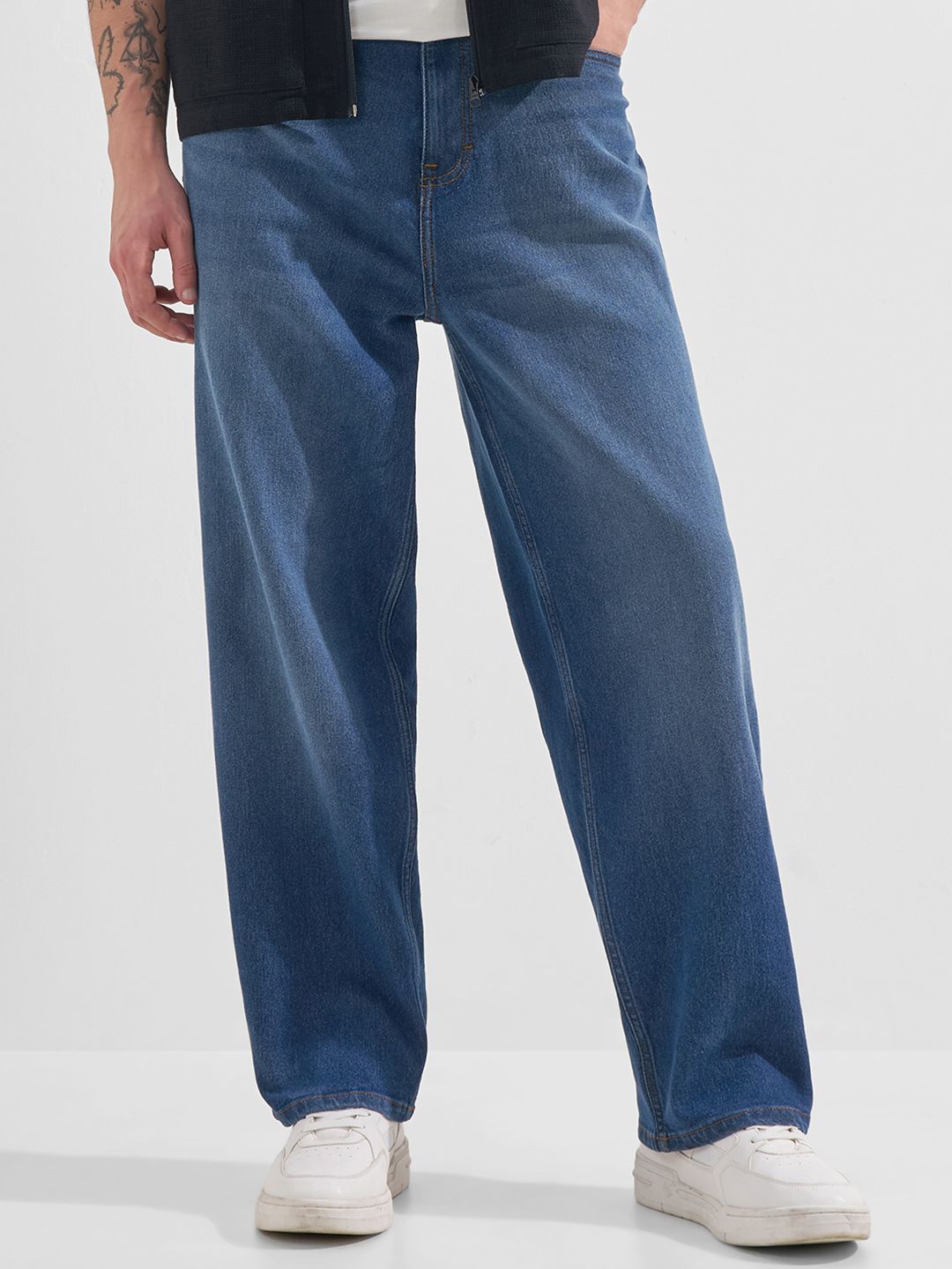 HIGHLANDER Men Baggy Drop Crotch Mid Wash Jeans