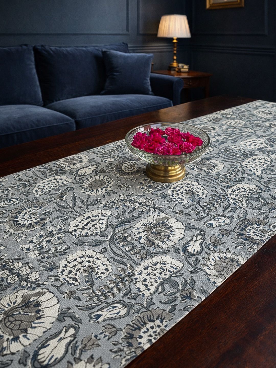 Baarno Grey Floral Handblock Printed Pure Cotton Table Runners