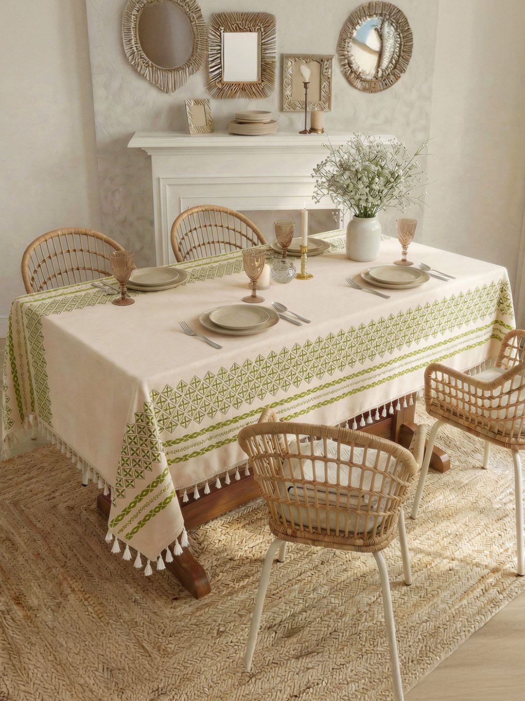 URBAN SPACE URBAN SPACE Cream-Colored Geometric Printed Pure Cotton 6-Seater Table Cover