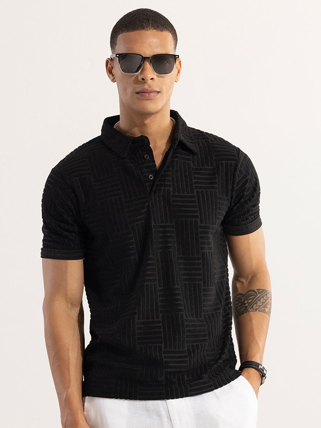 Snitch Black Self Design Polo Collar Slim Fit T-shirt