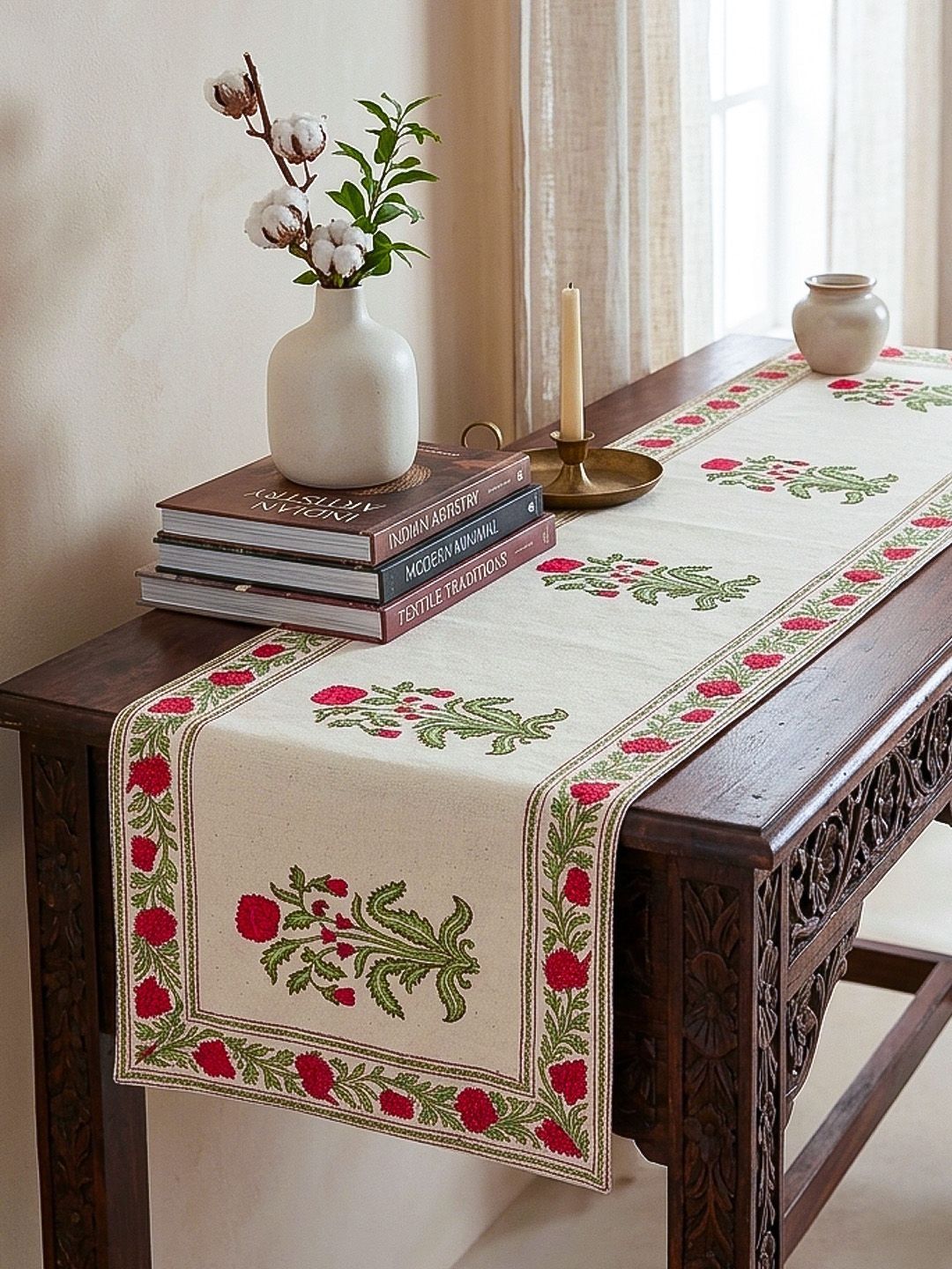 Baarno Pink Floral Handblock Printed Pure Cotton Table Runners