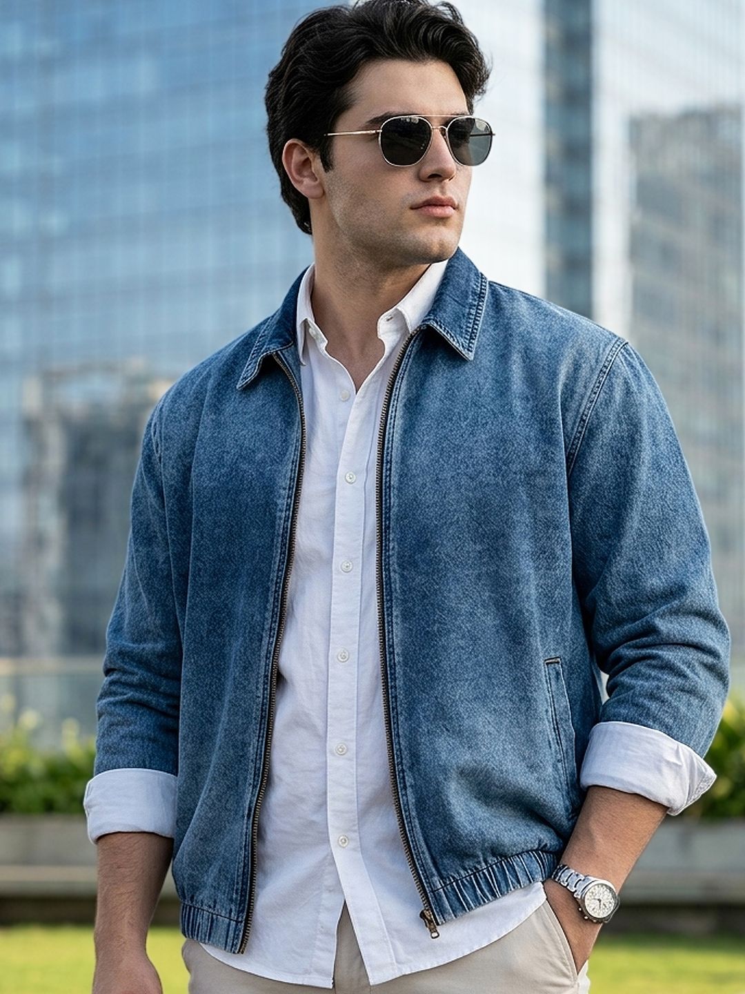 Urbano Plus Men Plus Size Washed Relaxed Fit Harrington Denim Jacket