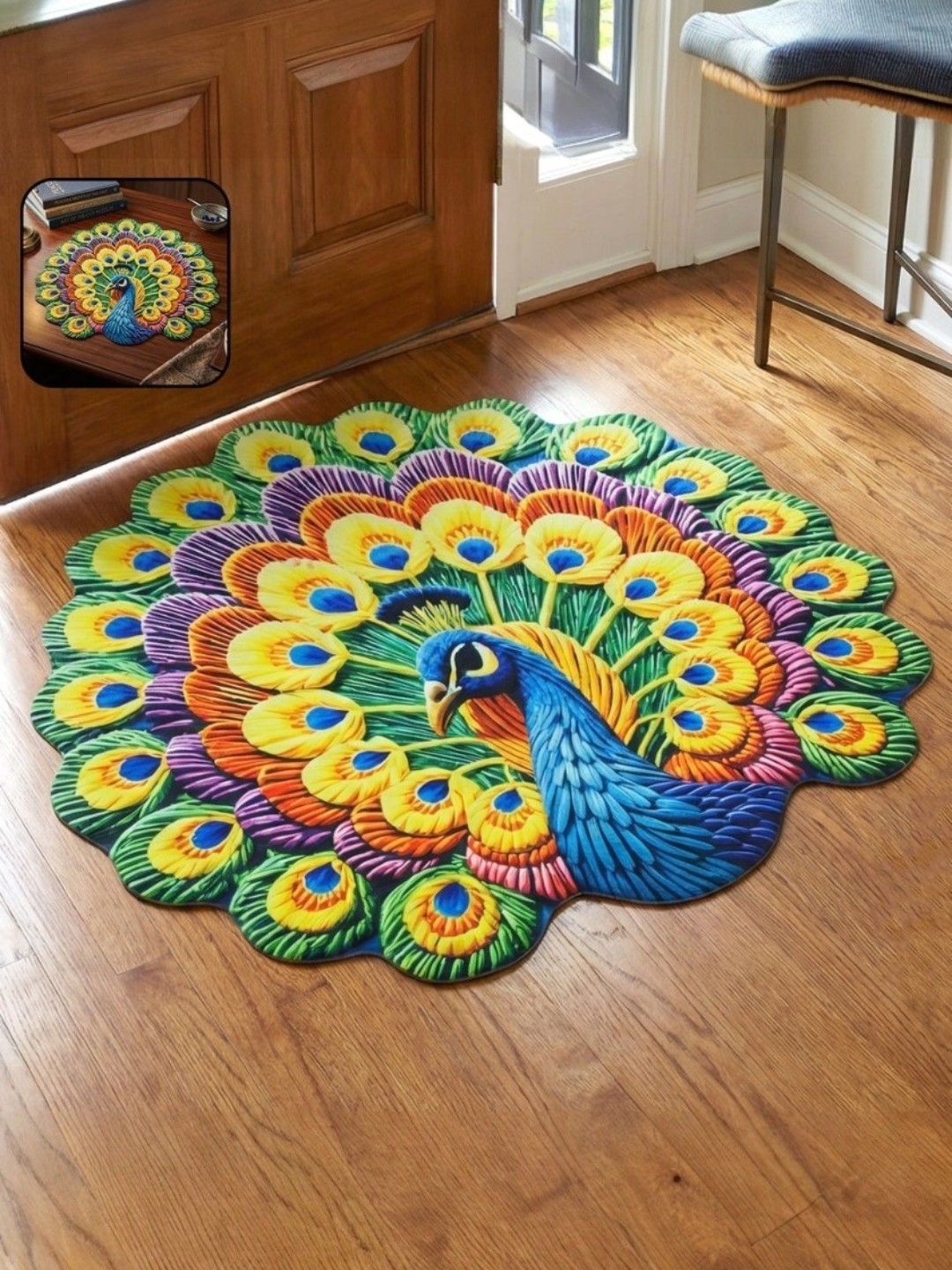 DeoDap Yellow & Green Printed Fabric Peacock Design Anti-Skid Doormat