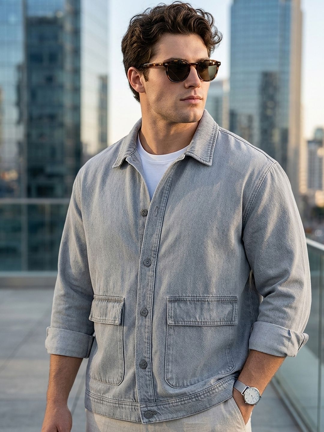 Urbano Plus Men Plus Size Ice Grey Relaxed Fit Utility Denim Jacket