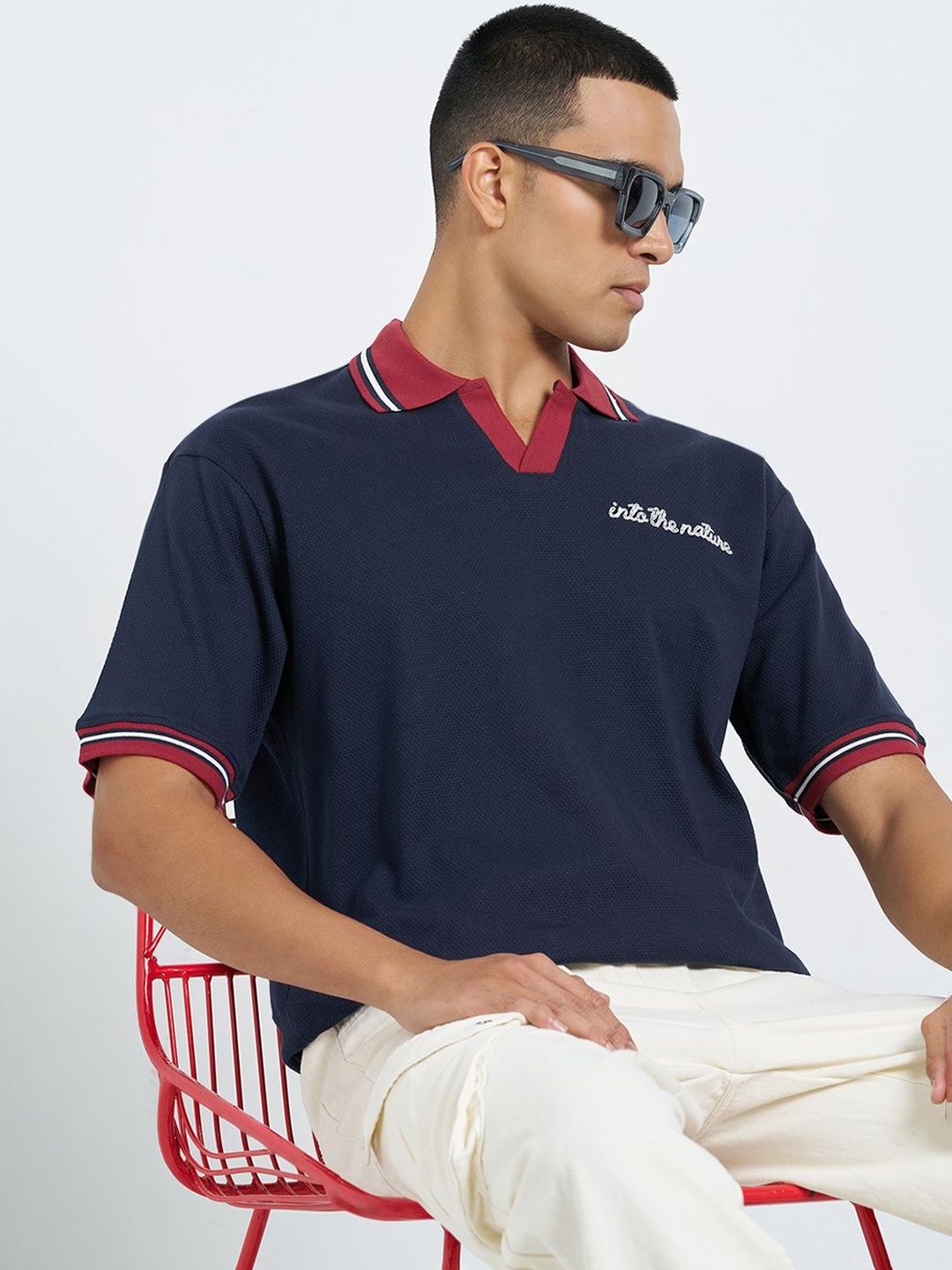 People Men Printed Polo Collar Boxy T-shirt