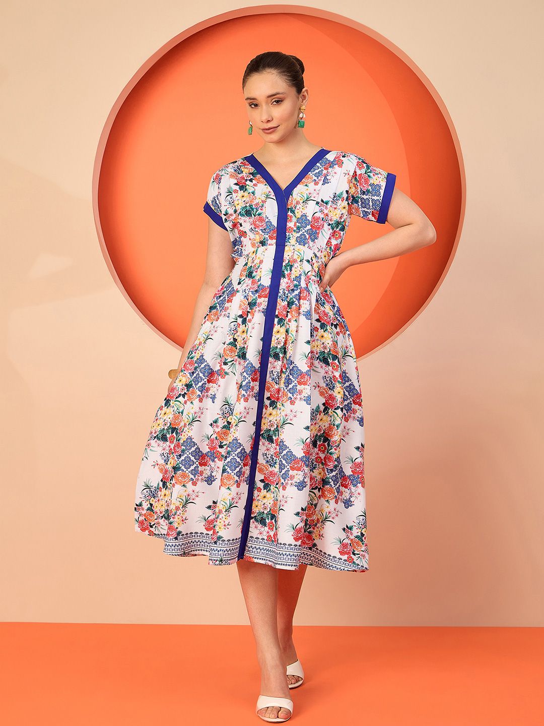 knee length dresses for ladies Libas Floral Printed Linen Shirt Collar A-Line Dress – Myntra International main image 0