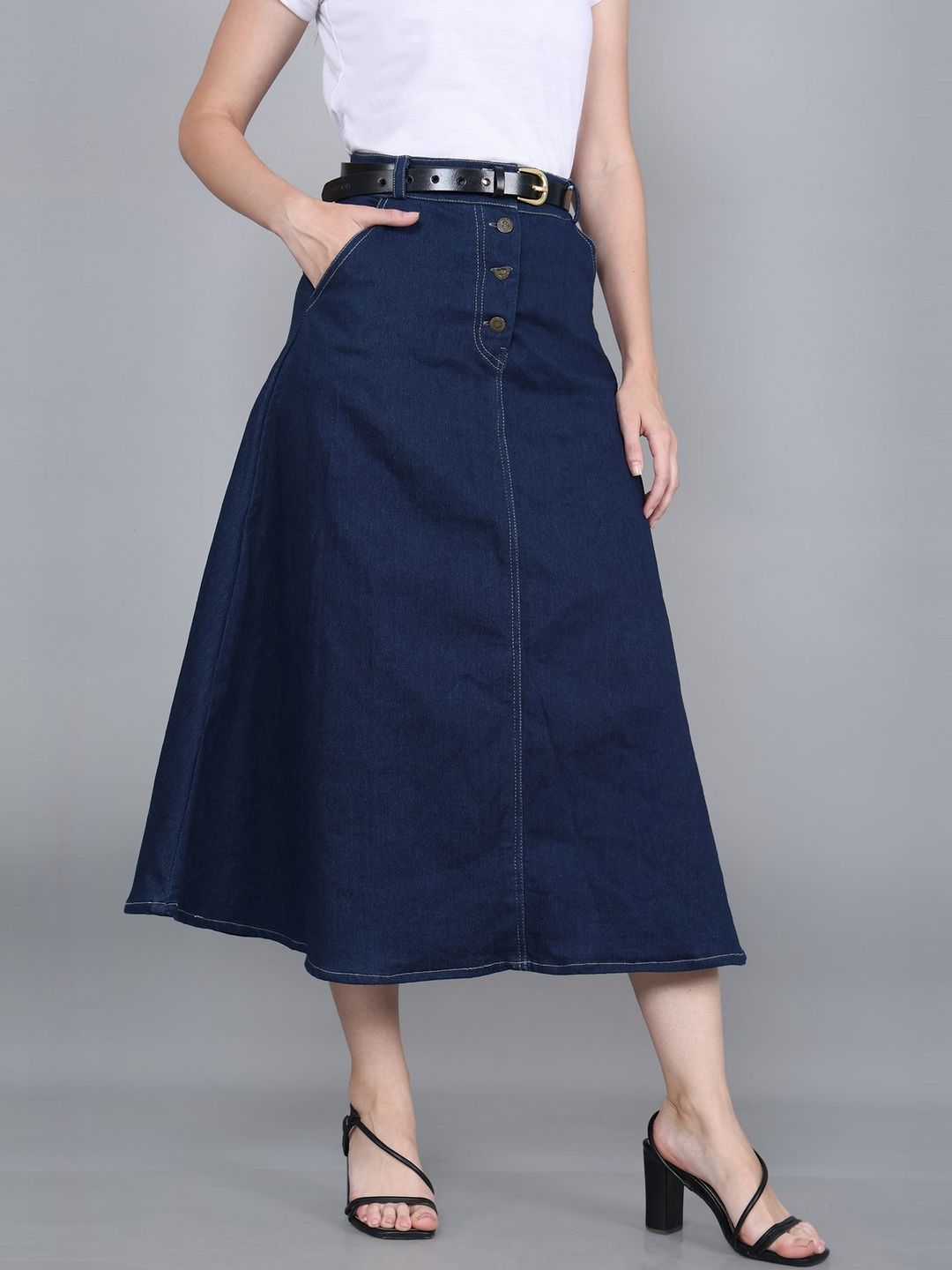 Codaisy Women Denim Washed Maxi A-Line Skirt