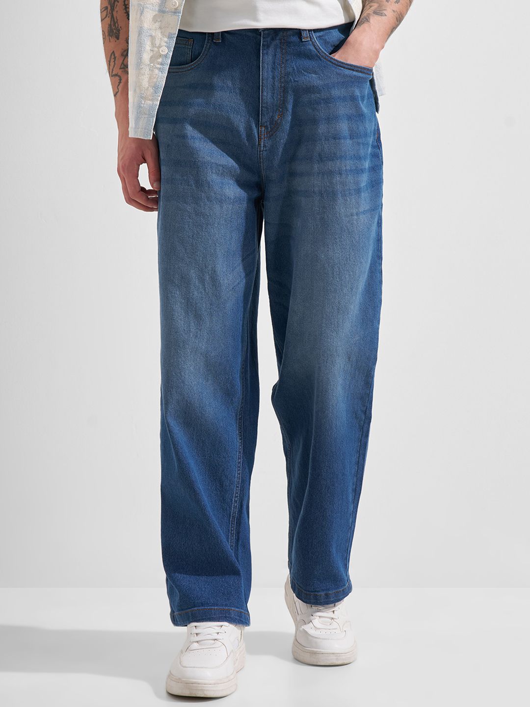HIGHLANDER Men Baggy Drop Crotch Mid Wash Jeans