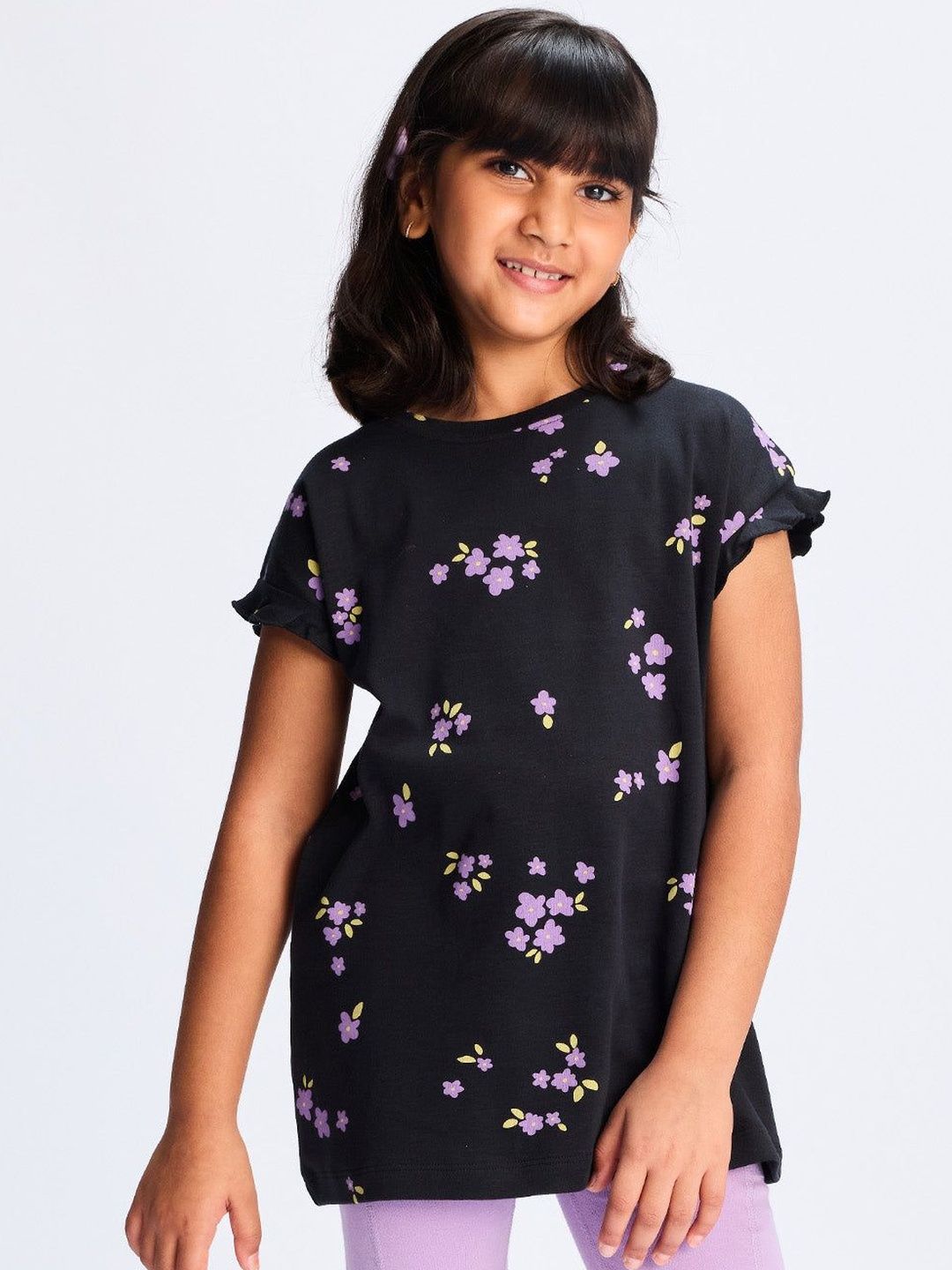 Dotokids Girls Cotton Long Top with Frilled Sleeves
