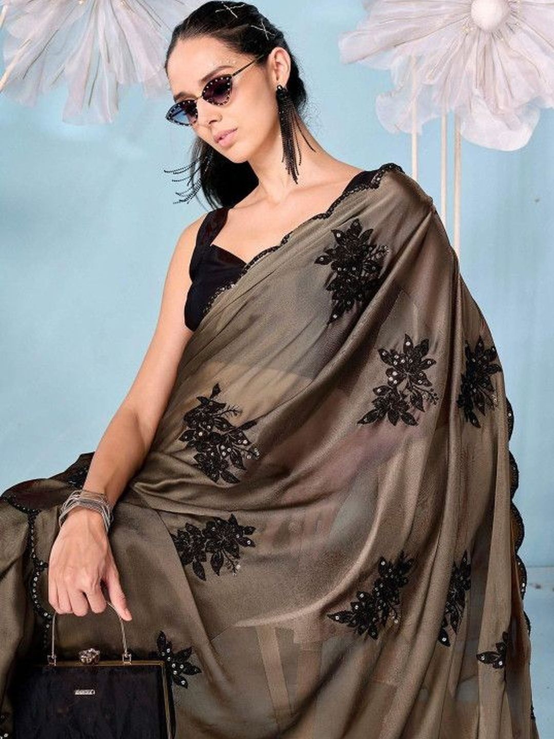 VRAGI Floral Sequinned Art Silk Designer Saree