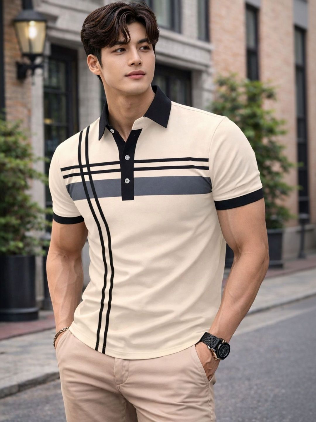 TAZO Men Striped Polo Collar T-shirt