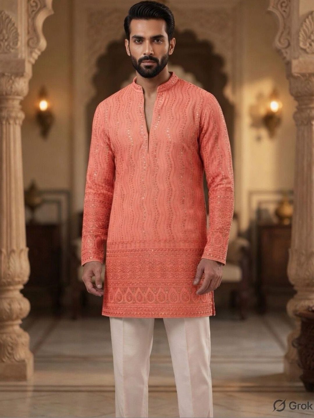 Dincharya Men Ethnic Motifs Embroidered Chikankari Kurta